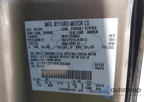 2004 Ford F-150 Xl/Xlt from USA, damaged, VIN 1FTPF12514NC66468